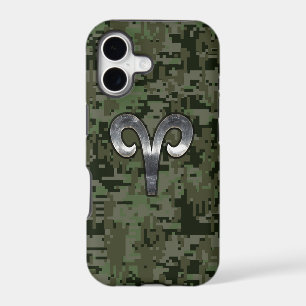 Silver Aries Zodiac Symbol on Green Digital Camo