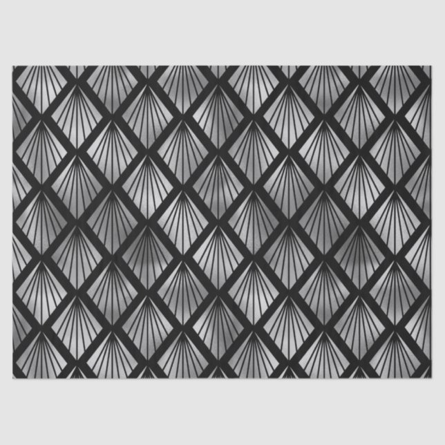Silver Art Deco Fans on Black Decoupage Tissue Paper (Front)