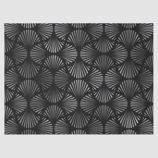 Silver Art Deco Shells on Black Decoupage Tissue Paper (Front)