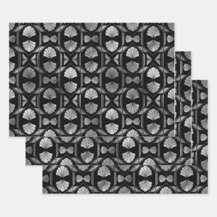 Silver Art Deco Shells on Black Wrapping Paper Sheet
