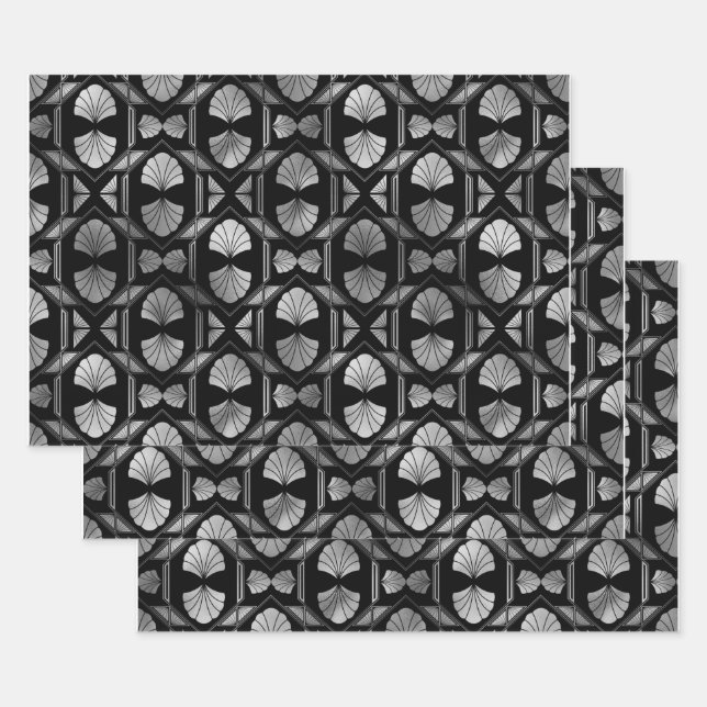 Silver Art Deco Shells on Black Wrapping Paper Sheet (Set)