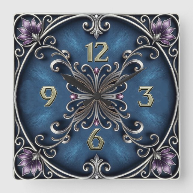 Silver Art Deco Square Wall Clock (Front)