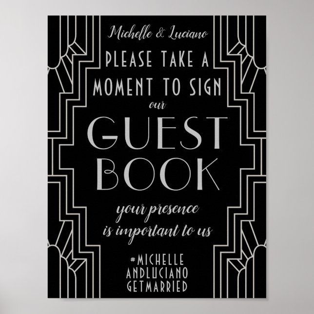 Silver Art Deco Wedding Sign Editable Guest Book (Front)