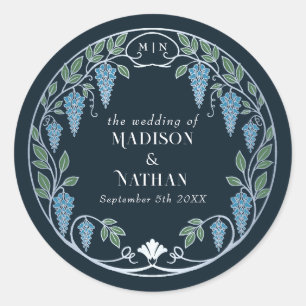 Silver Art Nouveau Blue Wisteria Wedding Classic Round Sticker