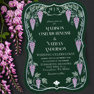 Silver Art Nouveau Pink Wisteria Wedding  Invitation