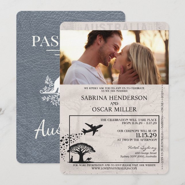 Silver Australia Passport Wedding Invitation (Front/Back)