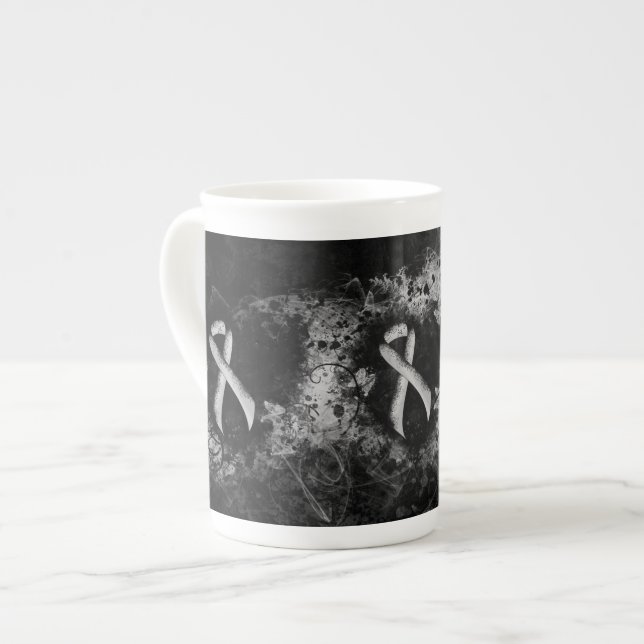 Silver Awareness Ribbon Grunge Heart Bone China Mug (Front Left)