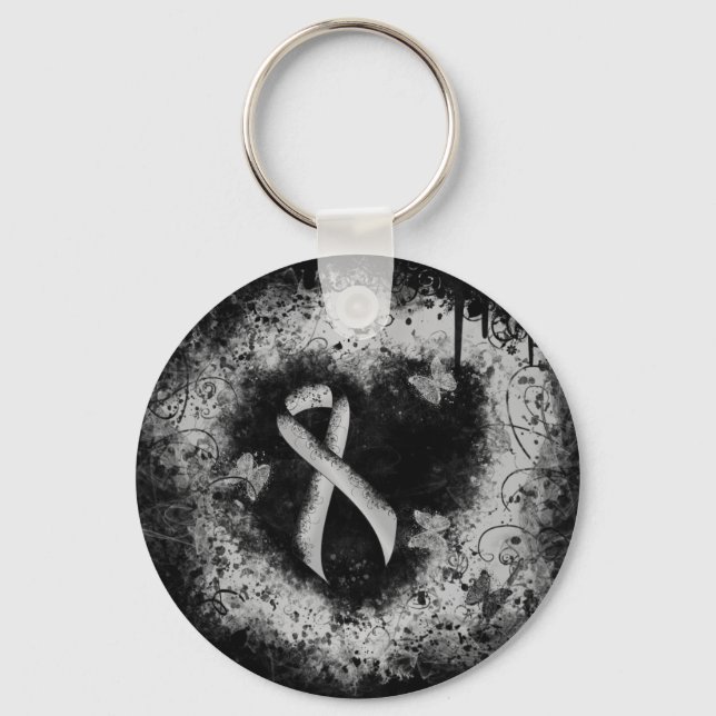 Silver Awareness Ribbon Grunge Heart Key Ring (Front)