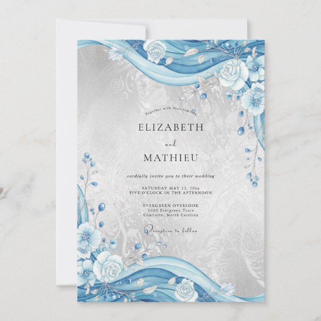 Silver Azure Blossom Wedding Invitation (Front)