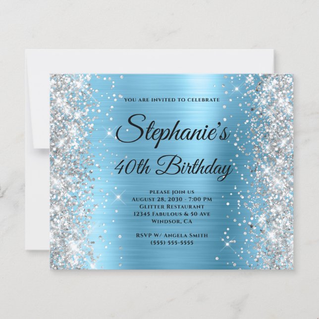 Silver Baby Blue Glam Monogram 40th Birthday (Front)