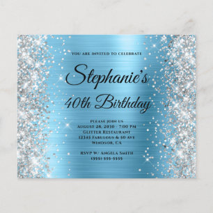 Silver Baby Blue Glam Monogram 40th Birthday Flyer