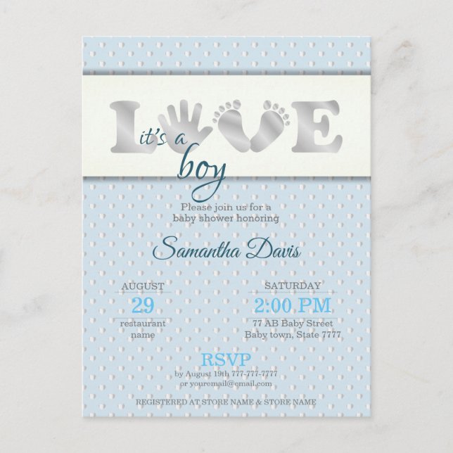 Silver Baby Boy LOVE and Hearts Baby Shower Invitation Postcard (Front)