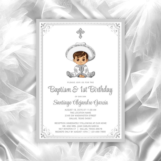 Silver Baby Charro Baptism & Birthday Invitation (Charro baby baptism invitation. All text can be changed, move/remove baby and cross as needed.)