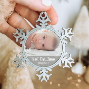 Silver Baby First Christmas Snowflake Photo Snowflake Pewter Christmas Ornament