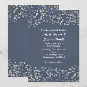 Silver Baby's Breath Blue Wood Wedding Invitation