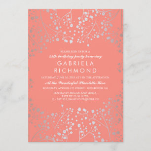 Silver Baby's Breath Elegant Coral Birthday Party Invitation