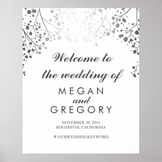 Silver Baby's Breath Wedding Welcome Sign Plum (Front)