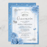Silver Bahama Blue Roses Elegant Quinceanera Invitation<br><div class="desc">Want your invitation stationery to match your bahama blue quinceanera dress? These elegant silver and bahama blue quinceanera invitations are easy to have personalised for your sweet 15/16 birthday party! The light blue luxurious design depicts faux metallic silver butterfly confetti combined with bahama blue watercolor roses illustrated by Raphaela Wilson....</div>