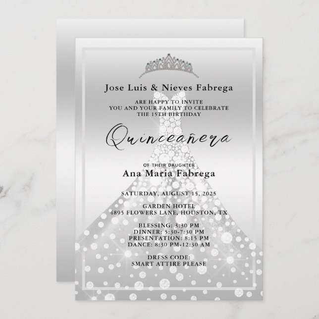 Silver Ball Gown & Tiara Quinceañera Birthday  Invitation (Front/Back)