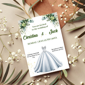 Silver Ballgown - Sage Botanical Design wedding Invitation
