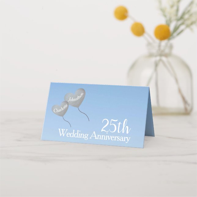 Silver balloon 25th wedding anniversary place card (Front)
