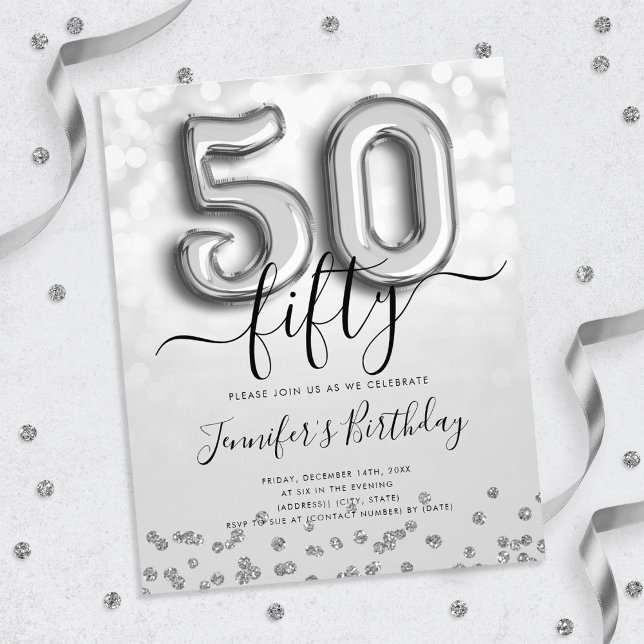 Silver Balloon Glitter 50th Birthday Party Invite Flyer (Creator Uploaded)