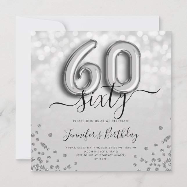 Silver Balloon Glitter 60th Birthday Party Invite (Front)