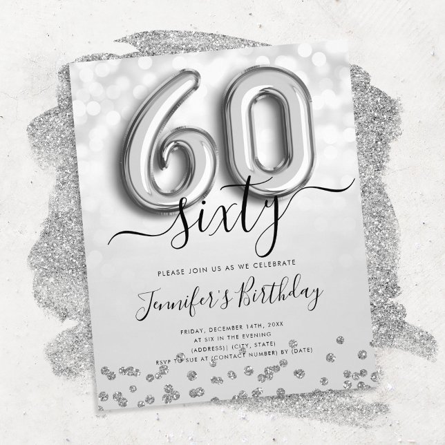 Silver Balloon Glitter 60th Birthday Party Invite Flyer (Creator Uploaded)