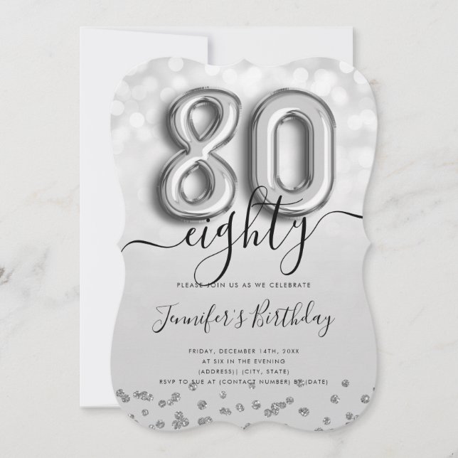 Silver Balloon Glitter 80th Birthday Party Invite (Front)