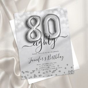 Silver Balloon Glitter 80th Birthday Party Invite