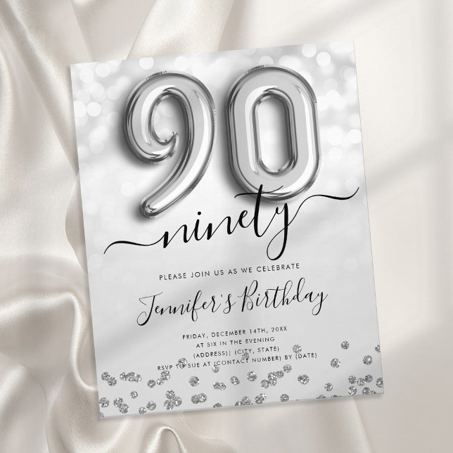 Silver Balloon Glitter 90th Birthday Party Invite Flyer (Creator Uploaded)