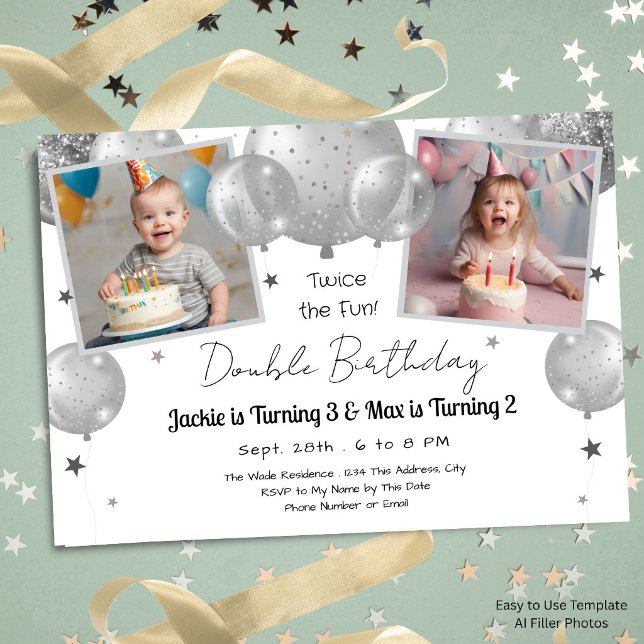 Silver Balloons Double Birthday Kids Party Invitation (Creator Uploaded)