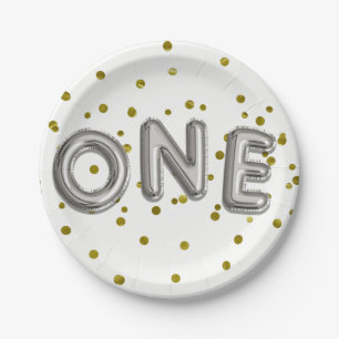Silver Balloons Gold Confetti ONE 1st Birthday Paper Plate