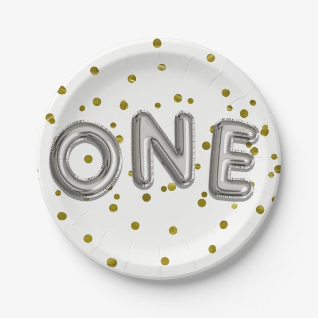 Silver Balloons Gold Confetti ONE 1st Birthday Paper Plate (Front)