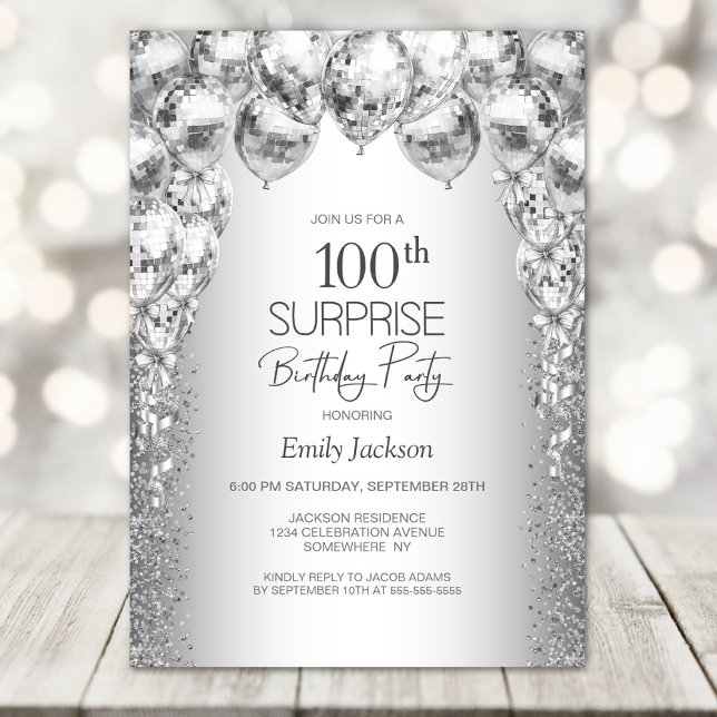 Silver Balloons Surprise 100th Birthday Party Invitation (Creator Uploaded)