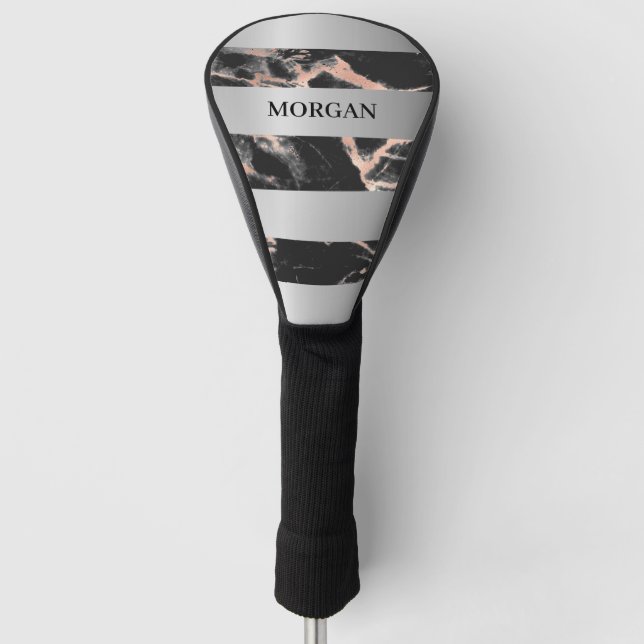 Silver Bands, Black & Rose Gold Marble, Name Golf Head Cover (Front)
