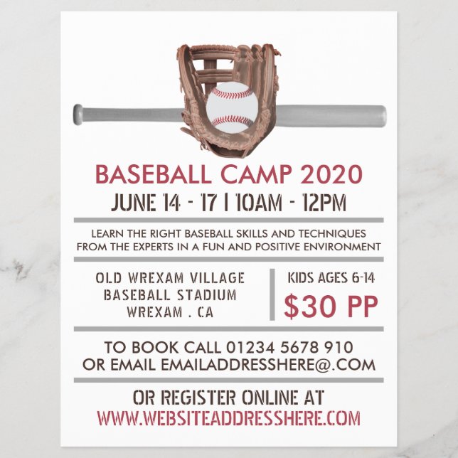 Silver Baseball Bat & Gear, Baseball Camp Advert Flyer (Front)