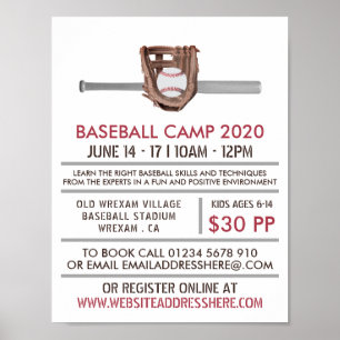 Silver Baseball Bat & Gear, Baseball Camp Advert Poster