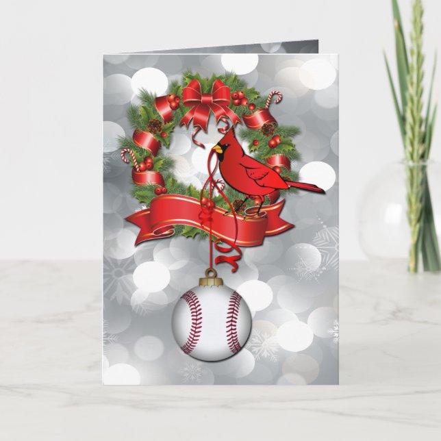 Silver  Baseball Christmas Red Bird Holiday Card (Front)