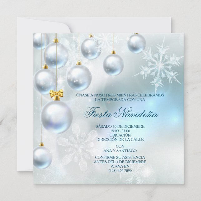 Silver Baubles & Snowflakes Christmas Party Invitation (Front)