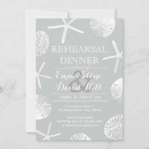 Silver Beach Theme Seashells Rehearsal Dinner Invitation