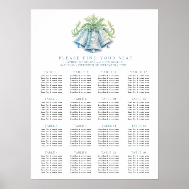Silver bells 16 tables wedding seating chart (Front)
