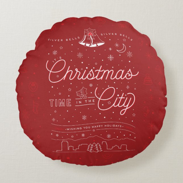 Silver Bells Christmas Round Throw Pillow (Red) (Front)
