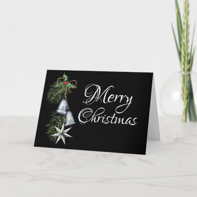 Silver Bells Holly and Pine Elegant Christmas Card (Front)