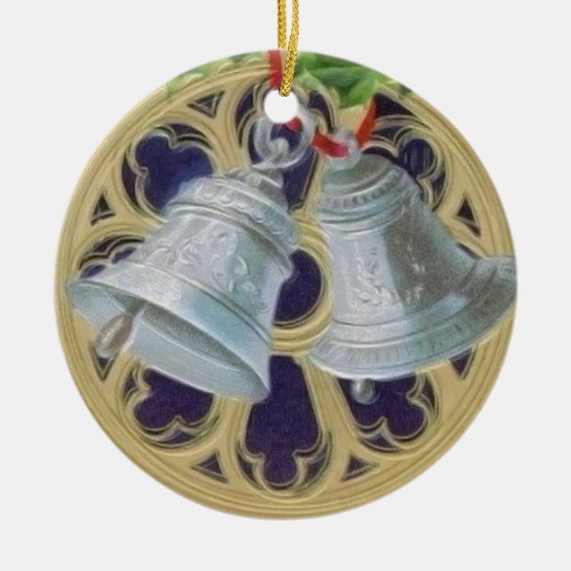 Silver Bells, Holly and Stained Glass Personalised Ceramic Tree Decoration (Front)