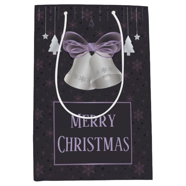 Silver Bells & Purple Bow Medium Gift Bag (Front)