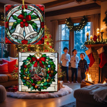 Silver Bells Red Ribbon Faux Stained Glass
