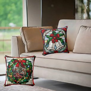 Silver Bells Red Ribbon Faux Stained Glass Cushion