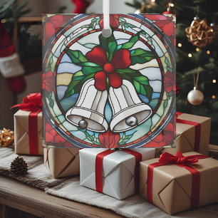 Silver Bells Red Ribbon Faux Stained Glass Tree Decoration