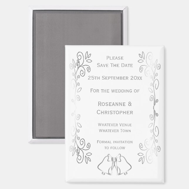 Silver Bells Scroll Design Wedding Save The Date Magnet (Front/Back)